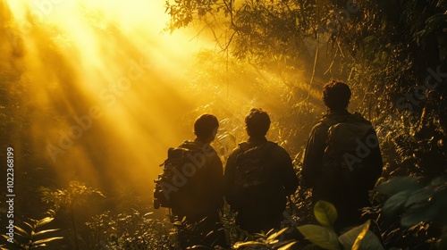 Explorers huddled at the edge of an uncharted jungle, their faces serious as they prepare to enter, thick foliage looming in the background, golden sunlight filtering through photo