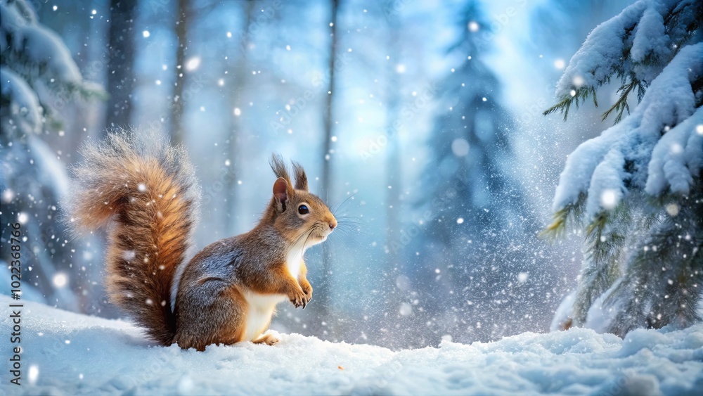 A fluffy-tailed squirrel stands in a winter wonderland, its fur blending with the falling snow, as the winter forest fades into a dreamy, blue haze. A fluffy-tailed squirrel stands in a winter wonderland, its fur blending with the falling snow, as the winter forest fades into a dreamy, blue haze.