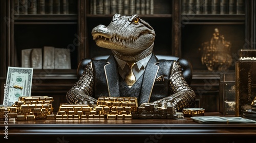A dapper alligator sits at a luxurious desk surrounded by gold bars, exuding wealth and power in a lavish office setting.