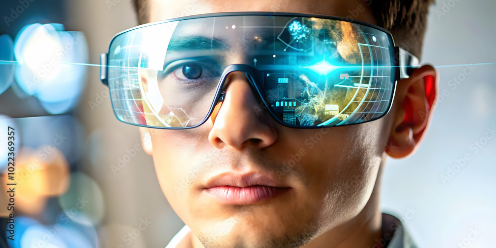 Close Up of a Person's Face Wearing Augmented Reality Glasses with Virtual Data Overlays - Immersive Technology Blending Physical and Digital Worlds for Remote Work Comfort - Macro Shot in Photo Stock Close Up of a Person's Face Wearing Augmented Reality Glasses with Virtual Data Overlays - Immersive Technology Blending Physical and Digital Worlds for Remote Work Comfort - Macro Shot in Photo Stock