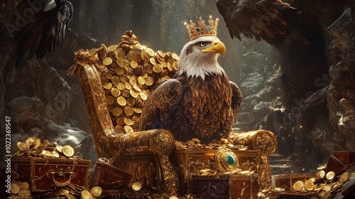 A majestic eagle wearing a crown sits on a golden throne surrounded by treasure, evoking themes of wealth and power. photo