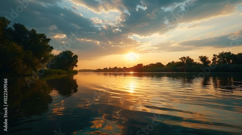 Fototapeta Naklejka Na Ścianę i Meble -  Sunset at the river coast. Sunset on the beach of the Baltic Sea
