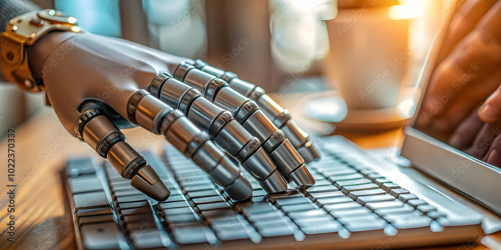Close-Up Image of Robotic Hand Typing Code on Keyboard - Symbolizing AI and Human Collaboration in Cloud Computing Concept Close-Up Image of Robotic Hand Typing Code on Keyboard - Symbolizing AI and Human Collaboration in Cloud Computing Concept