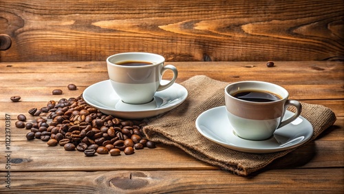 Two Ceramic Mugs Filled with Coffee Resting on a Rustic Wooden Table, Surrounded by a Scattering of Roasted Coffee Beans and a Burlap Napkin