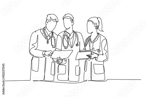 Continuous one line drawing senior doctor giving mentoring to young male and female doctors at hospital office room. Hospital health care services. Single line draw design vector graphic illustration