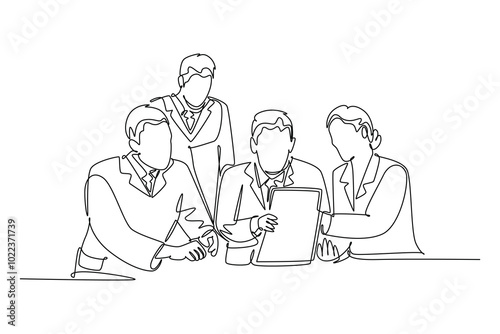 Continuous one line drawing group of male and female doctors discussing and diagnosing patient disease at hospital room. Medical meeting teamwork. Single line draw design vector graphic illustration