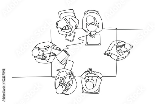 Continuous one line drawing top view group of doctors held conference at meeting room to discuss hospital working programs. Medical care teamwork. Single line draw design vector graphic illustration