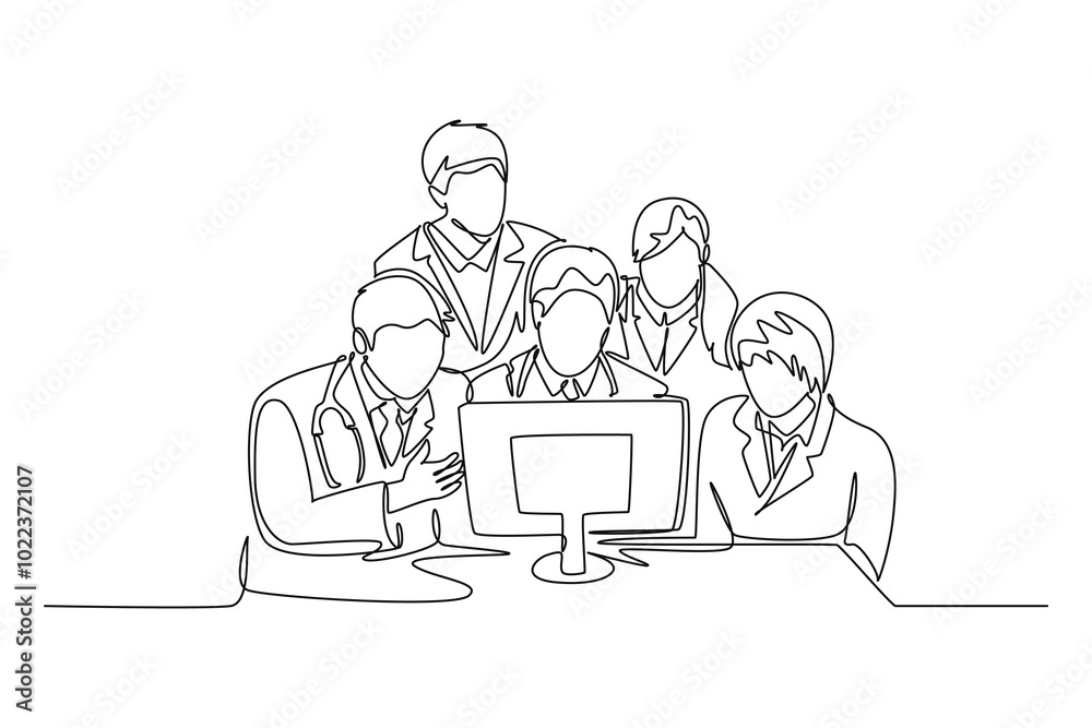 Single continuous line drawing group of young doctor discuss proper treatment while watching medical record patient on computer. Hospital health care. One line draw graphic design vector illustration Single continuous line drawing group of young doctor discuss proper treatment while watching medical record patient on computer. Hospital health care. One line draw graphic design vector illustration