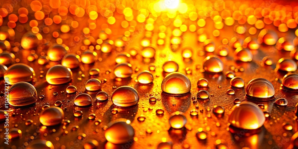 Amber-colored water droplets shimmer with a golden light, reflecting the warmth of the sun, illuminating the surface with a mesmerizing sparkle. Amber-colored water droplets shimmer with a golden light, reflecting the warmth of the sun, illuminating the surface with a mesmerizing sparkle.