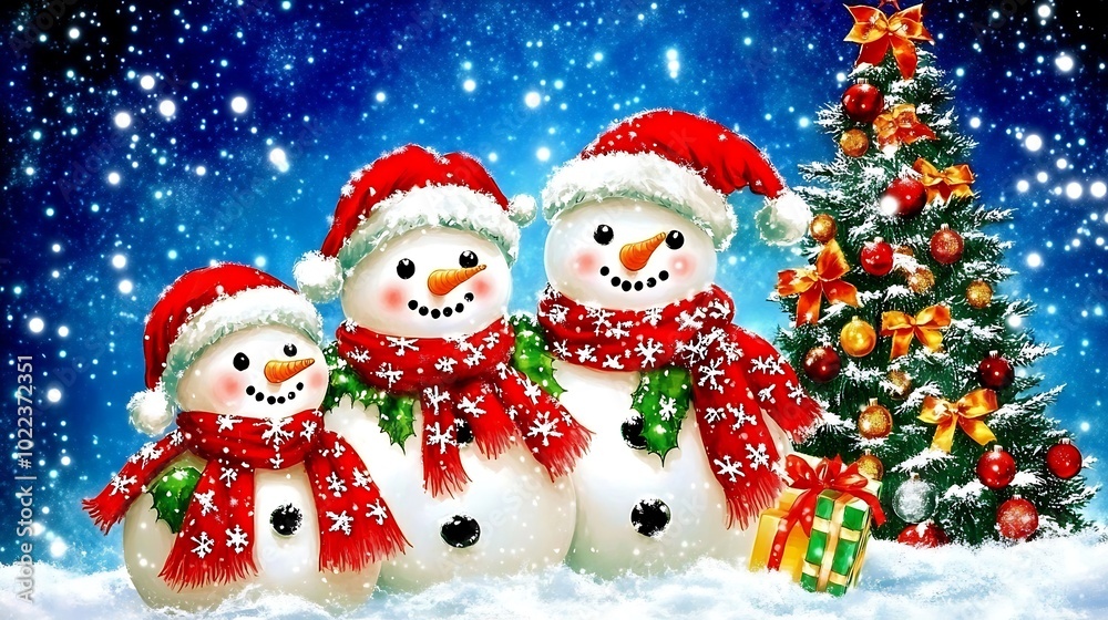 Illustration of Children with a snowman on a snowy lawn, dressed him in a Santa hat and a red scarf. Illustration of Children with a snowman on a snowy lawn, dressed him in a Santa hat and a red scarf.