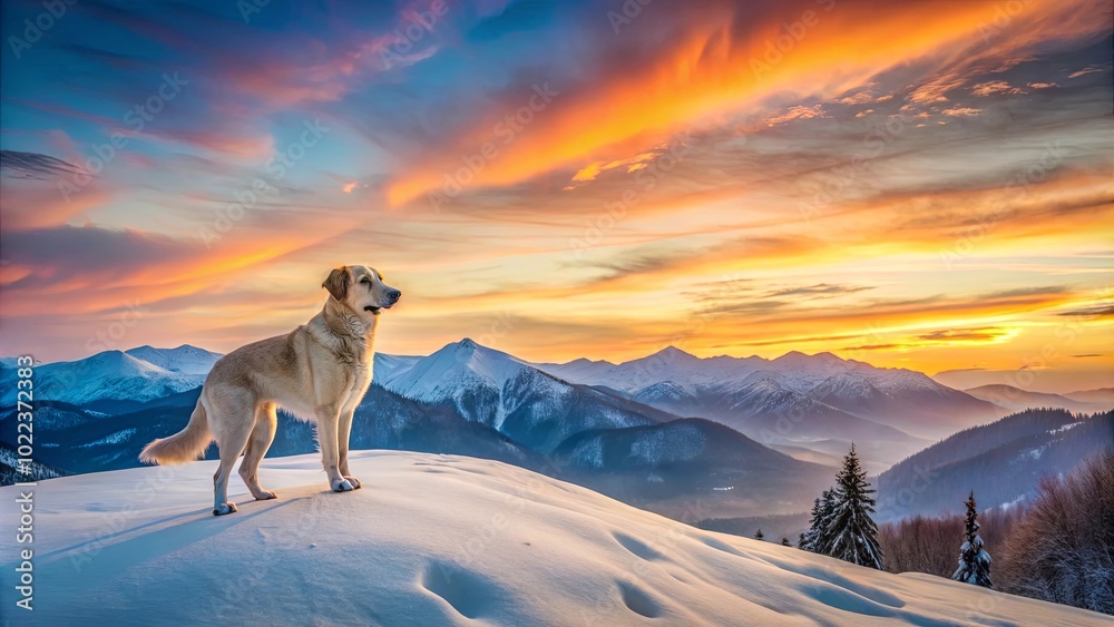 Obraz premium A Lone Canine Stands Guard on a Snowy Peak as the Sun Sets Over a Mountain Range
