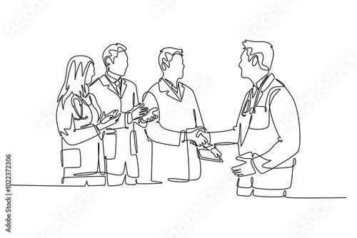 Single continuous line drawing happy hospital head giving congratulate handshake to group of doctors for teamwork achievements. Medical award concept. One line draw graphic design vector illustration