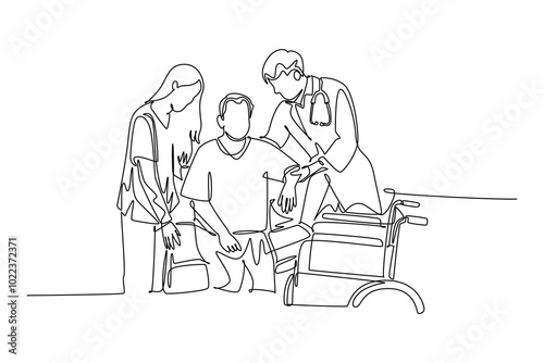 Single continuous line drawing helpful male doctor and nurse helping patient get to wheelchair from hospital bed. Medical health care service concept. One line draw graphic design vector illustration