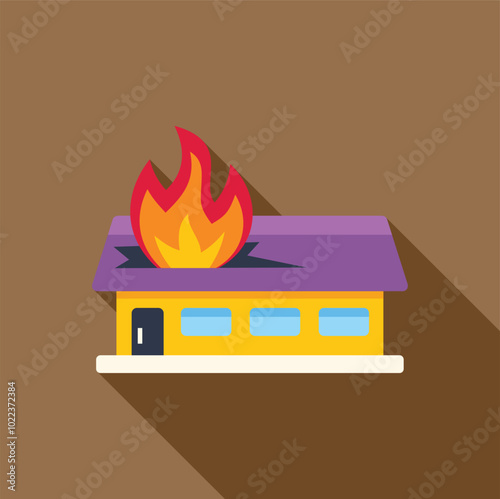 Big fire burning on the roof of a building, arson and firefighters theme