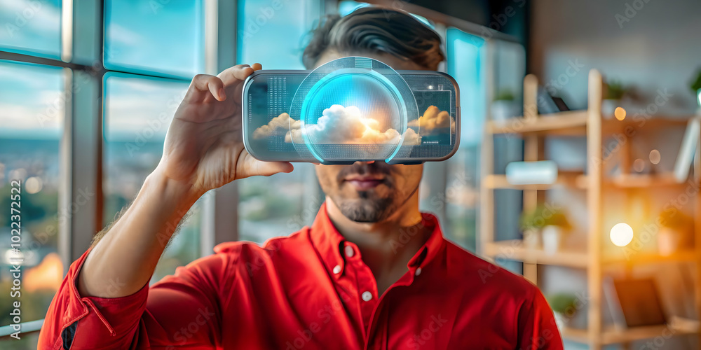 Close-up of a Virtual Reality Interface Showcasing a Cloud Environment with Holographic Elements for Immersive Development Tools | Macro Concept in Photo Stock Close-up of a Virtual Reality Interface Showcasing a Cloud Environment with Holographic Elements for Immersive Development Tools | Macro Concept in Photo Stock