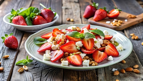 Wallpaper Mural A vibrant summer salad with fresh strawberries, crumbled cheese, and a sprinkle of nuts, served on a rustic wooden table. Torontodigital.ca