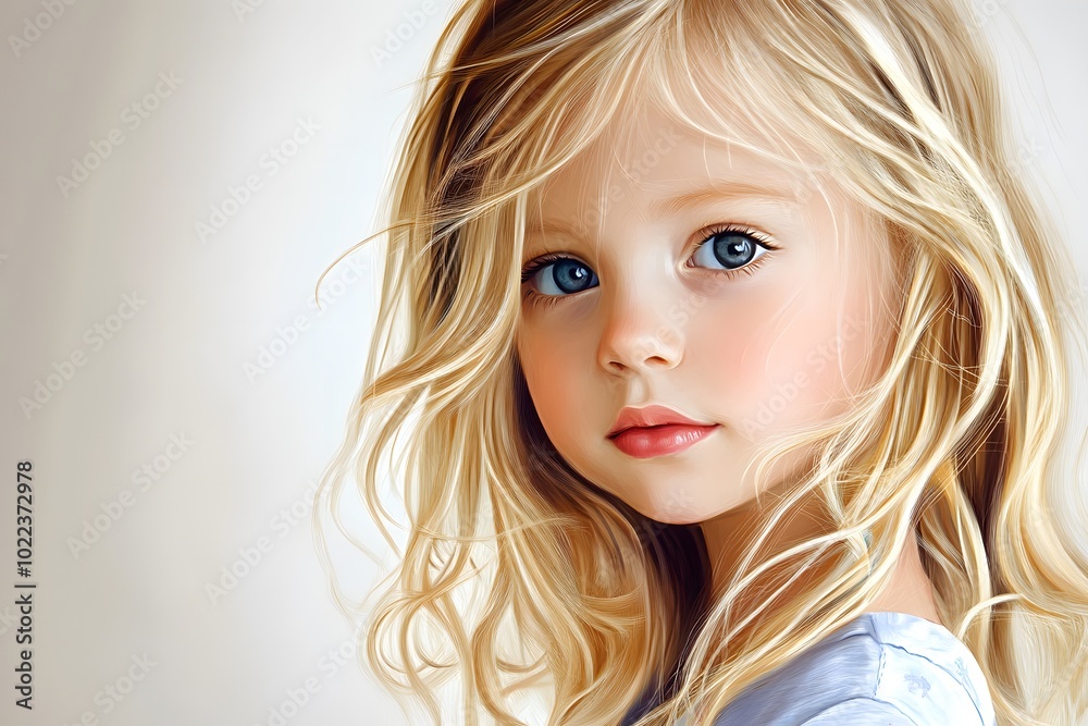 A close-up portrait of a young girl with long, wavy blonde hair and striking blue eyes, radiating innocence and charm. A close-up portrait of a young girl with long, wavy blonde hair and striking blue eyes, radiating innocence and charm.