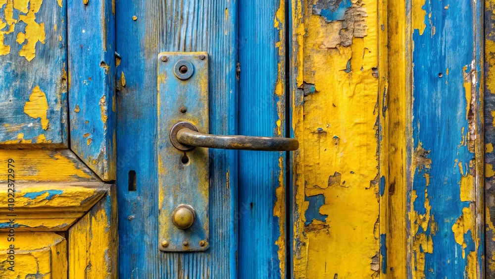 A weathered wooden door with peeling paint reveals layers of time and forgotten stories, a single brass handle offering a glimpse into the past. A weathered wooden door with peeling paint reveals layers of time and forgotten stories, a single brass handle offering a glimpse into the past.
