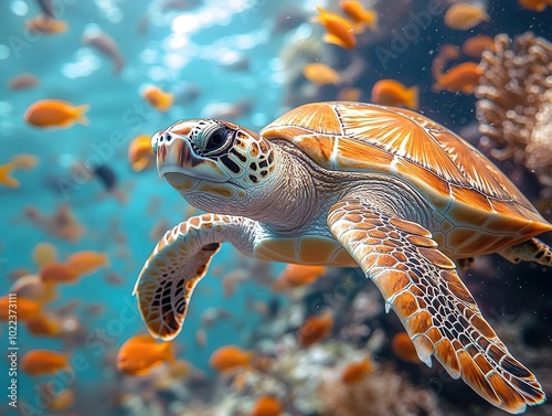 sea turtle swimming gracefully among vibrant, colorful fish in a beautiful underwater scene, creating a sense of harmony and biodiversity in the ocean