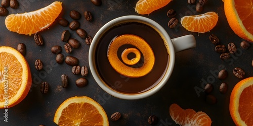 A cup of coffee garnished with an orange peel, surrounded by coffee beans and fresh orange slices on a dark background. photo