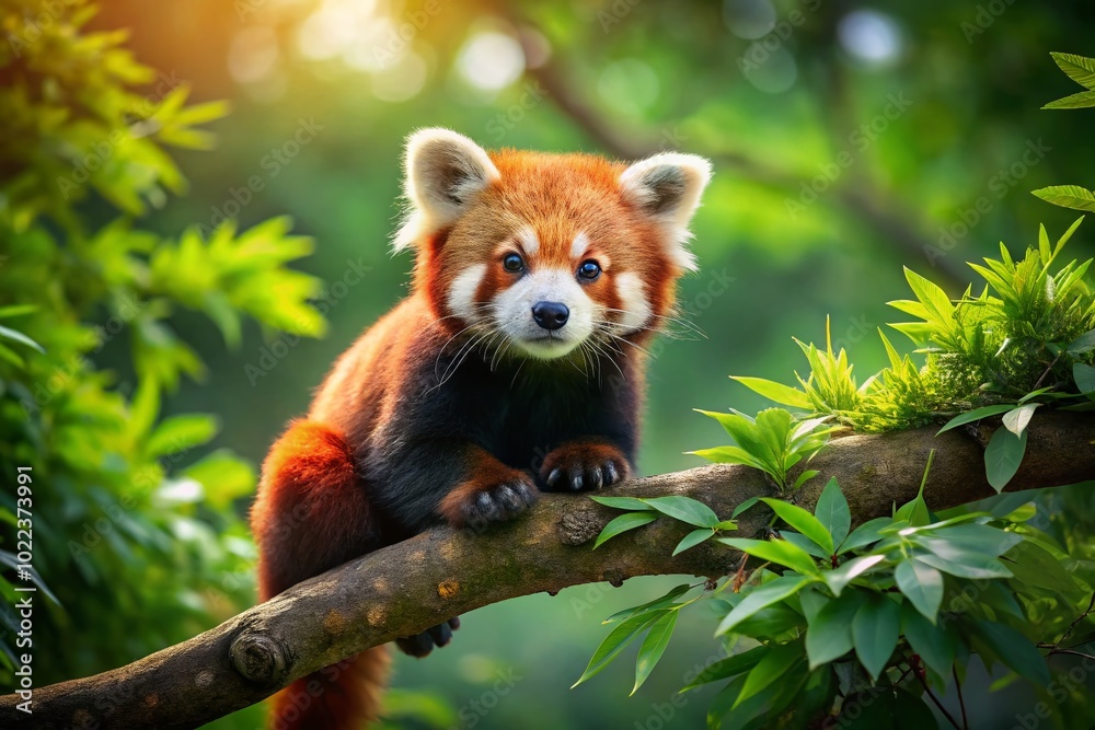 Naklejka premium Adorable Red Panda Climbing a Tree Branch in a Lush Forest Environment