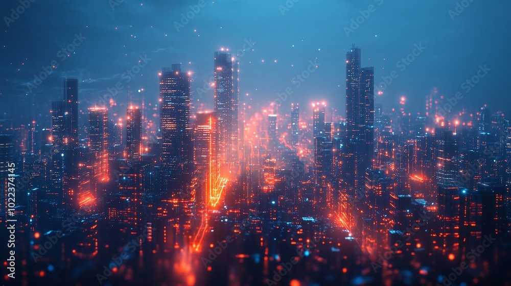 Futuristic cityscape with glowing lights and skyscrapers in the night.