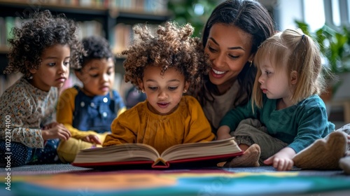 Teacher reading a storybook to young children gathered around on a carpet