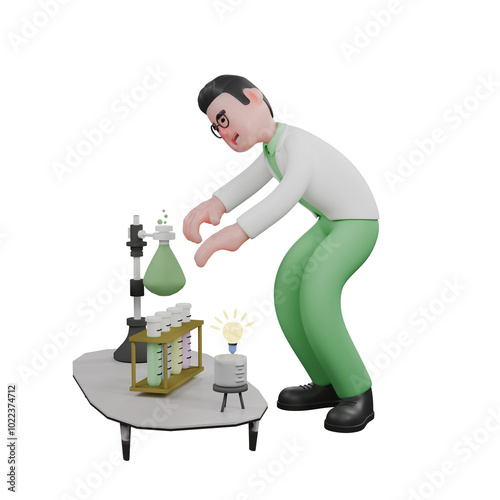 Male Biologist Environmental Professional. A male biologist is bending over behind a laboratory equipment with both hands on the equipment. 3D Cartoon photo