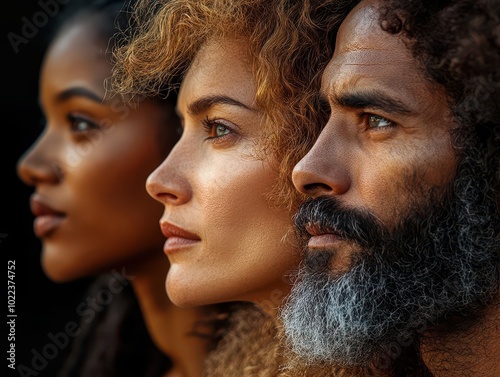 side profile of a diverse group of individuals, showcasing unity in diversity. each face tells a story, radiating strength and character in a harmonious composition