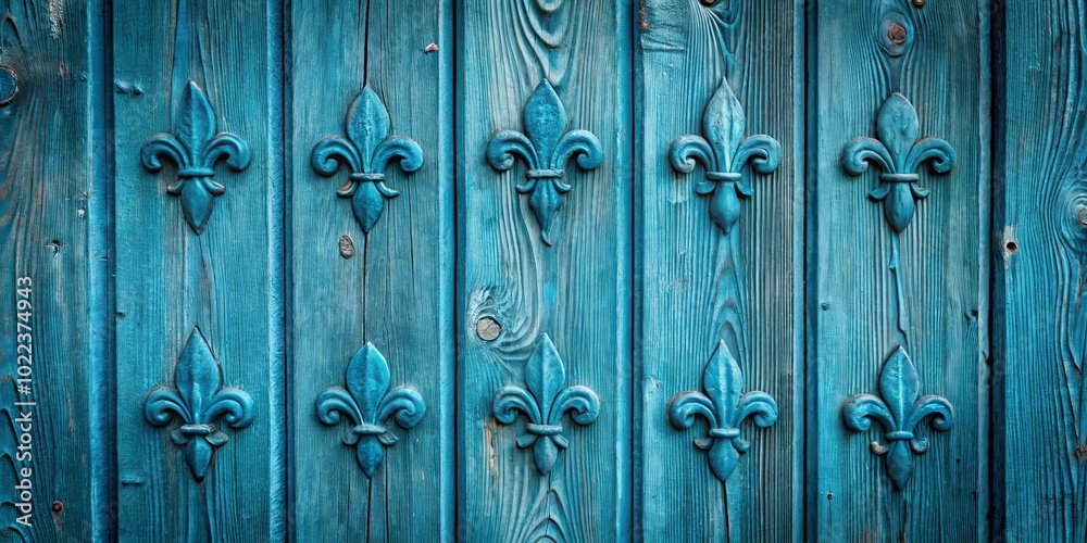 Intricately carved fleur-de-lis adorn the weathered surface of a teal-hued wooden door, a testament to craftsmanship and time's passage. Intricately carved fleur-de-lis adorn the weathered surface of a teal-hued wooden door, a testament to craftsmanship and time's passage.