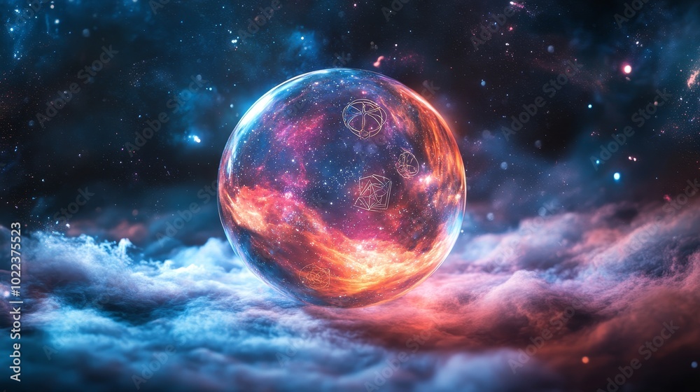 A delicate crystal sphere floating in space, containing a swirling nebula of stars and mysterious symbols, Celestial, Surreal, Soft Glow, Ethereal, Dreamlike A delicate crystal sphere floating in space, containing a swirling nebula of stars and mysterious symbols, Celestial, Surreal, Soft Glow, Ethereal, Dreamlike