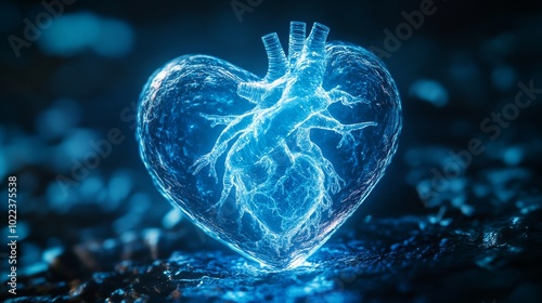 A surreal blue heart made of liquid light, floating in a virtual reality environment where the sky is a digital matrix, Avant-garde, Neon Glow, Sci-fi, High Detail
