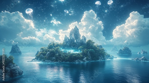 A cosmic island floats in an endless universe, crystal peaks shine under glowing jellyfish skies, surrounded by ancient animal constellations photo