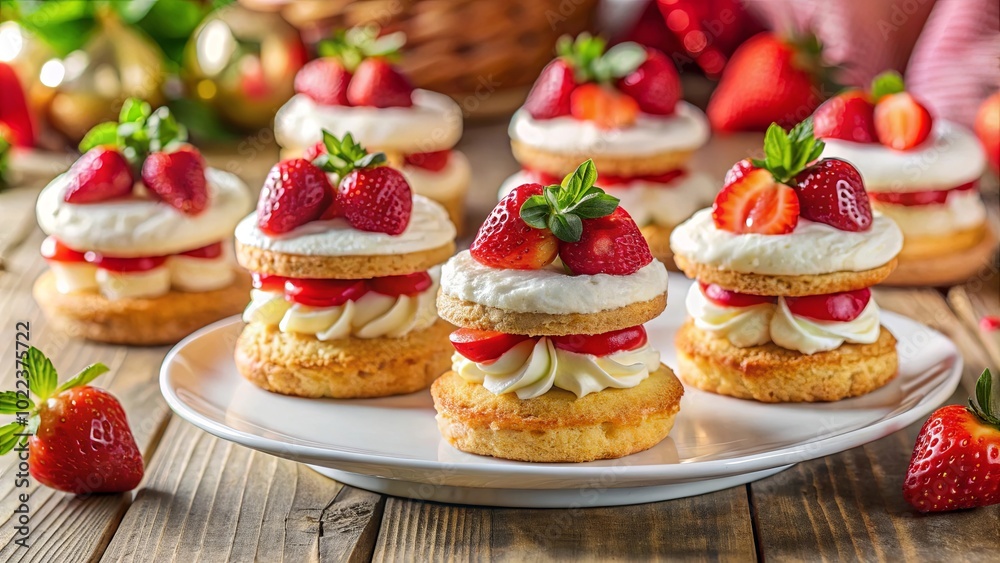 A Delectable Display of Miniature Cakes Topped with Fresh Strawberries, Whipped Cream, and a Hint of Raspberry Jam, All Resting on a Rustic Wooden Table