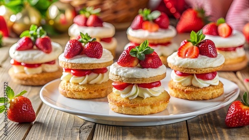 A Delectable Display of Miniature Cakes Topped with Fresh Strawberries, Whipped Cream, and a Hint of Raspberry Jam, All Resting on a Rustic Wooden Table