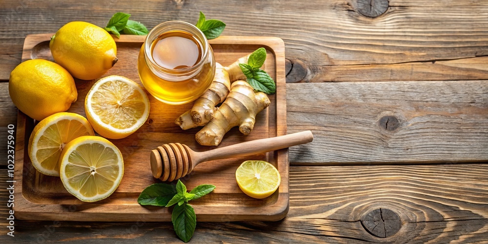 A Natural Remedy Composition of Lemon Slices, Ginger Root, Honey, and Fresh Mint on a Wooden Surface A Natural Remedy Composition of Lemon Slices, Ginger Root, Honey, and Fresh Mint on a Wooden Surface