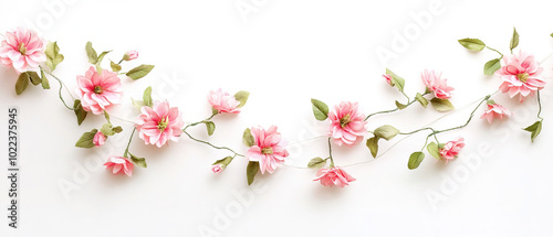 pink garland decoration for christmas. pink garland decoration on white background. pink flower decoration