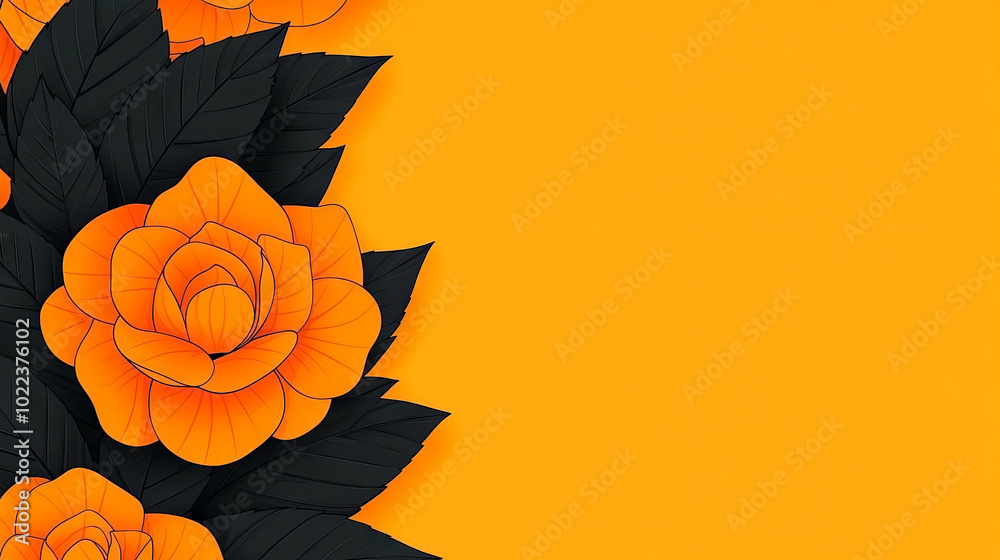 Fototapeta premium Orange paper flowers with black leaves on an orange background.
