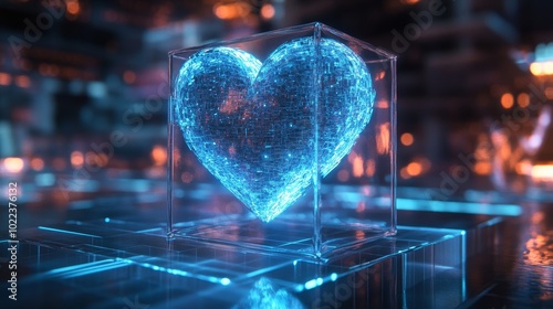 Wallpaper Mural A virtual blue heart made of light, suspended in a transparent cube, surrounded by outlandish digital landscapes, Avant-garde, Surreal, Neon Glow, 3D Render Torontodigital.ca