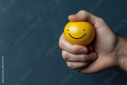 Person squeezing a yellow smiley stress ball photo