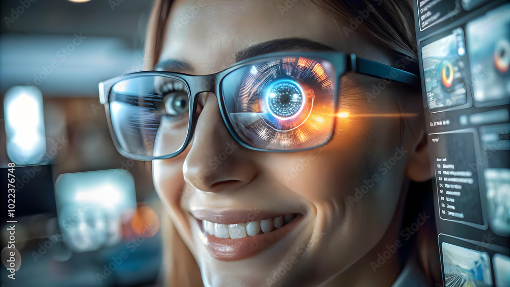 Close Up of a Smiling Eye Reflecting Holographic Screens - Futuristic Concept of Happy Remote Work at Home in Macro Photography Close Up of a Smiling Eye Reflecting Holographic Screens - Futuristic Concept of Happy Remote Work at Home in Macro Photography