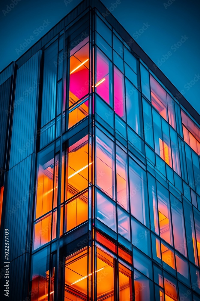 Modern glass office building at night with brightly lit windows.