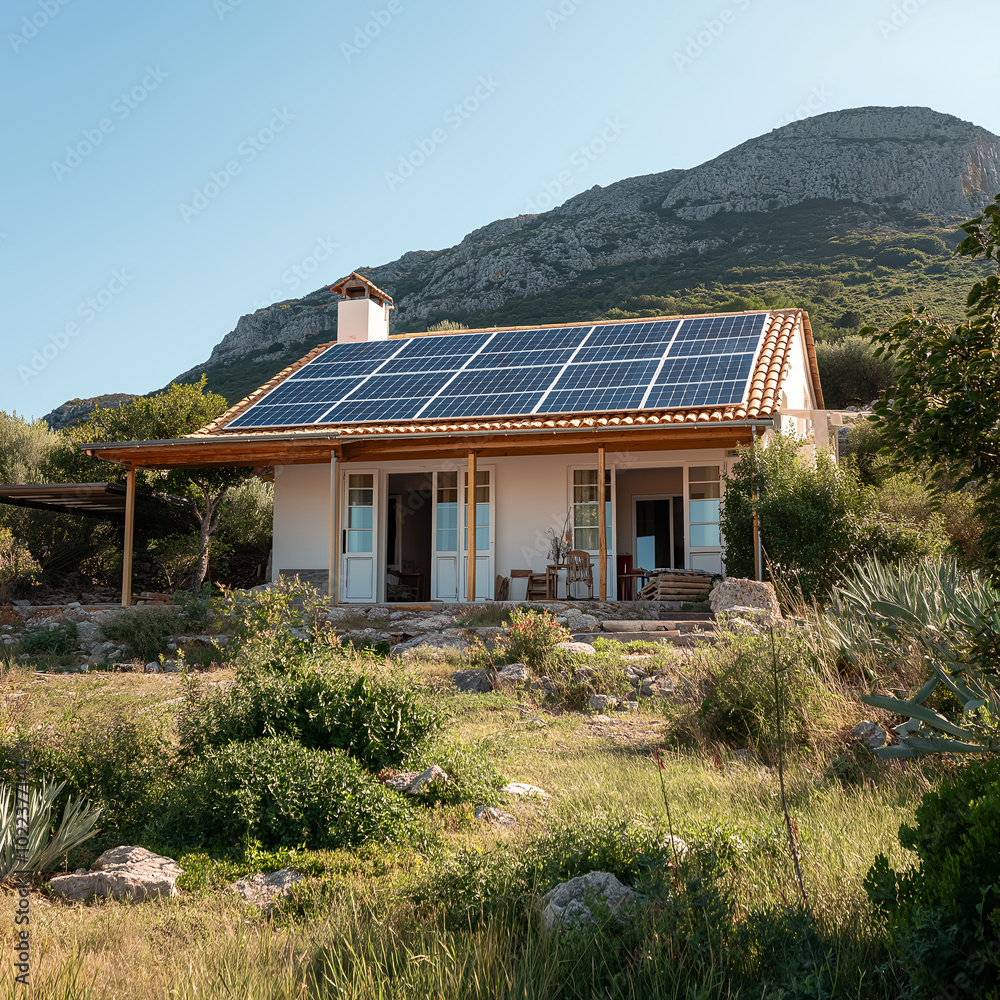 Modern Solar Panels Installed On A Greek Home, Solar Photography, Solar Powered Clean Energy, Sustainable Resources, Electricity Source, Greece Solar Installation. AI generated Modern Solar Panels Installed On A Greek Home, Solar Photography, Solar Powered Clean Energy, Sustainable Resources, Electricity Source, Greece Solar Installation. AI generated