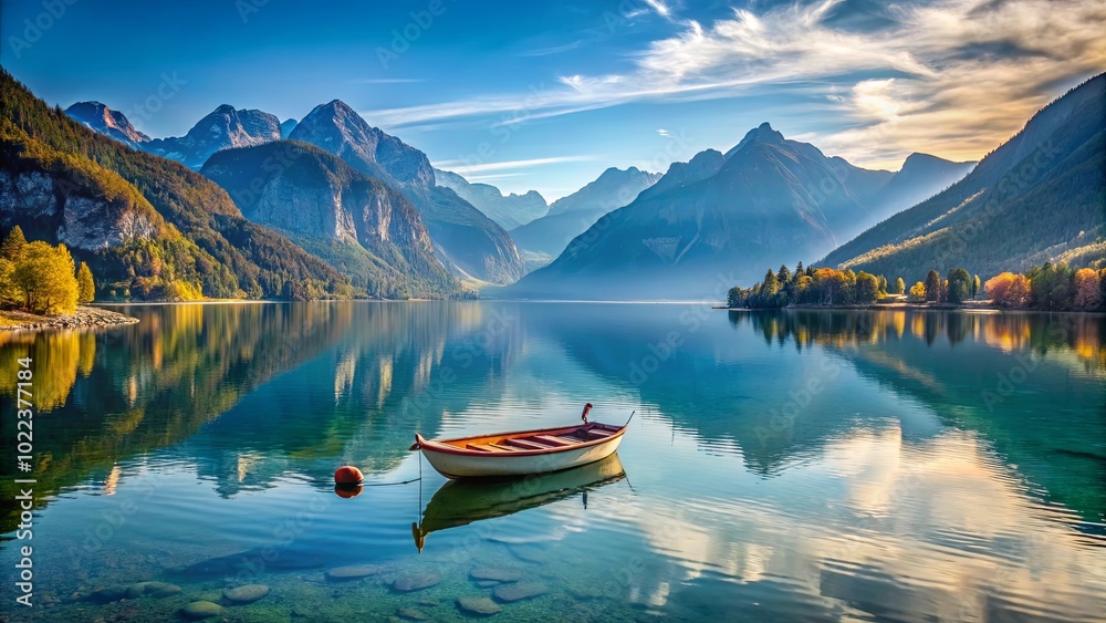 A solitary wooden rowboat rests serenely in the tranquil waters of a mountain lake, reflecting the towering peaks and the azure sky. A solitary wooden rowboat rests serenely in the tranquil waters of a mountain lake, reflecting the towering peaks and the azure sky.
