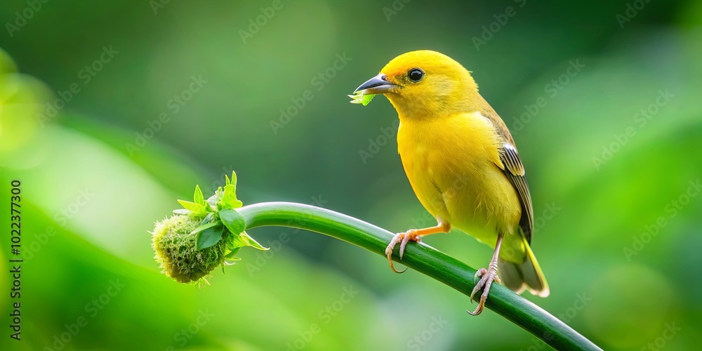 A Vibrant Yellow Bird Perched Gracefully on a Verdant Stem, Its Tiny Claws Gripping Tightly, as It Nudges a Delicate Leaf with Its Beak A Vibrant Yellow Bird Perched Gracefully on a Verdant Stem, Its Tiny Claws Gripping Tightly, as It Nudges a Delicate Leaf with Its Beak