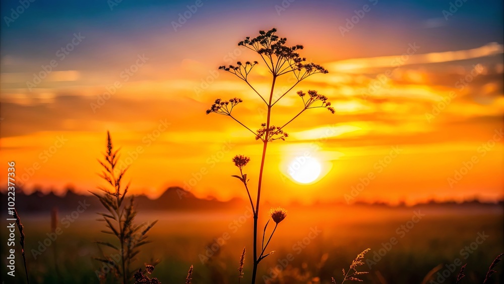 A lone silhouette of a flowering plant reaching toward the horizon as the sun sets, casting a warm glow across the sky and field. A lone silhouette of a flowering plant reaching toward the horizon as the sun sets, casting a warm glow across the sky and field.