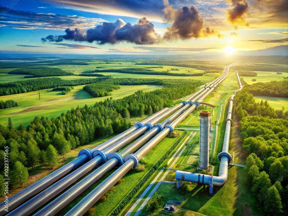 Aerial View of Russia-EU Oil and Gas Transit Pipeline with Valves Conceptualized in 3D for Energy Supply and Aerial View of Russia-EU Oil and Gas Transit Pipeline with Valves Conceptualized in 3D for Energy Supply and
