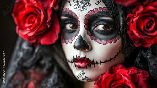 MgBk A stunning close-up of a beautiful Mexican woman from Sonora with her face elegantly painted as a Catrina. 