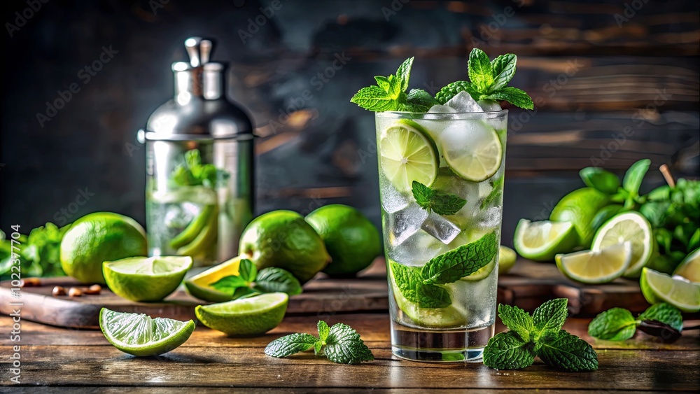 A refreshing summer drink, made with lime and mint, served in a tall glass with ice, capturing the essence of a cool and invigorating beverage. A refreshing summer drink, made with lime and mint, served in a tall glass with ice, capturing the essence of a cool and invigorating beverage.