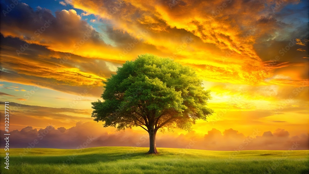 A Solitary Tree Stands Tall Against a Vibrant Sunset Sky, Its Silhouetted Form a Symbol of Resilience and Hope in the Face of Nature's Grand Display A Solitary Tree Stands Tall Against a Vibrant Sunset Sky, Its Silhouetted Form a Symbol of Resilience and Hope in the Face of Nature's Grand Display